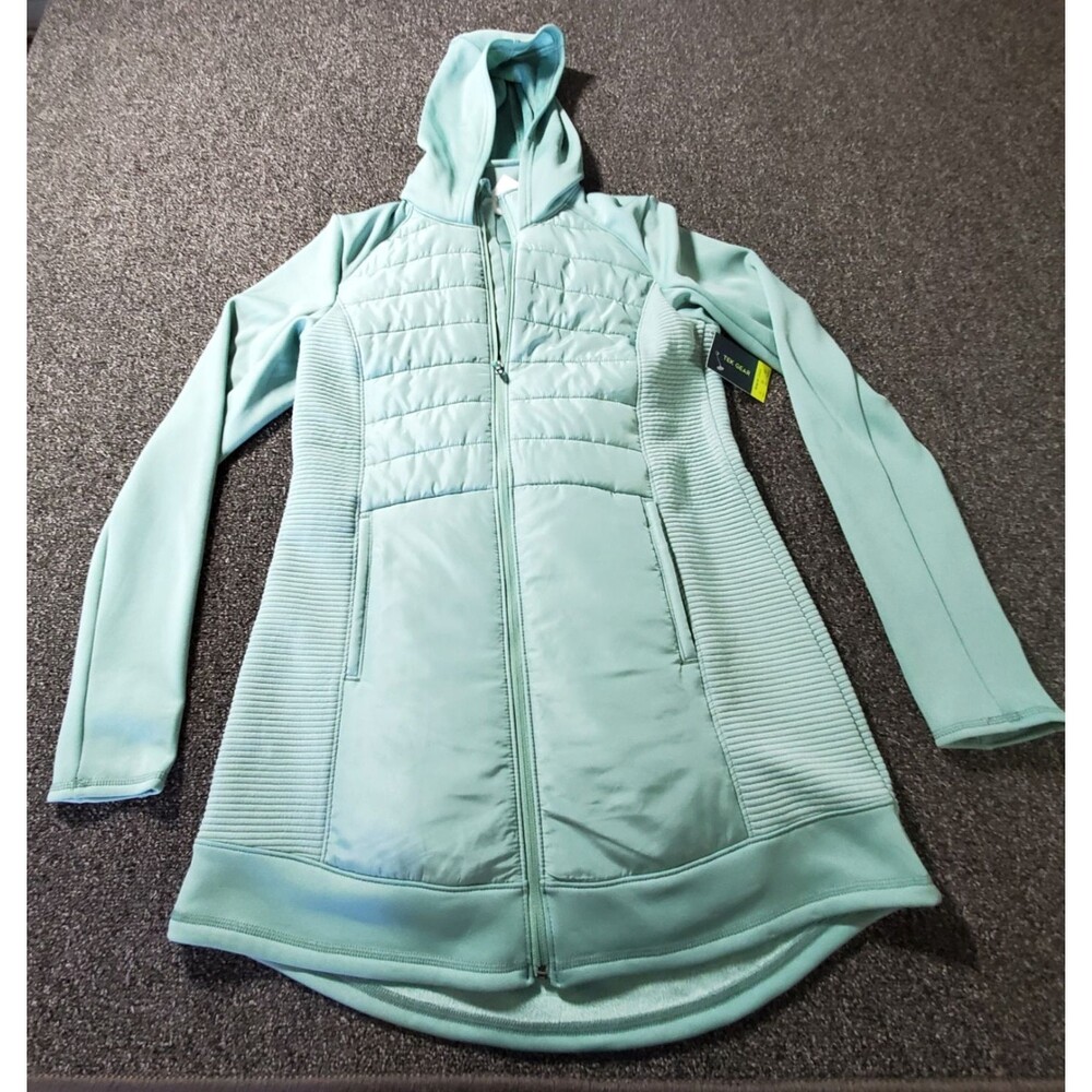 Tek Gear Quilted Jacket Womens Medium Green Long Hooded Mixed Media NWT Athletic